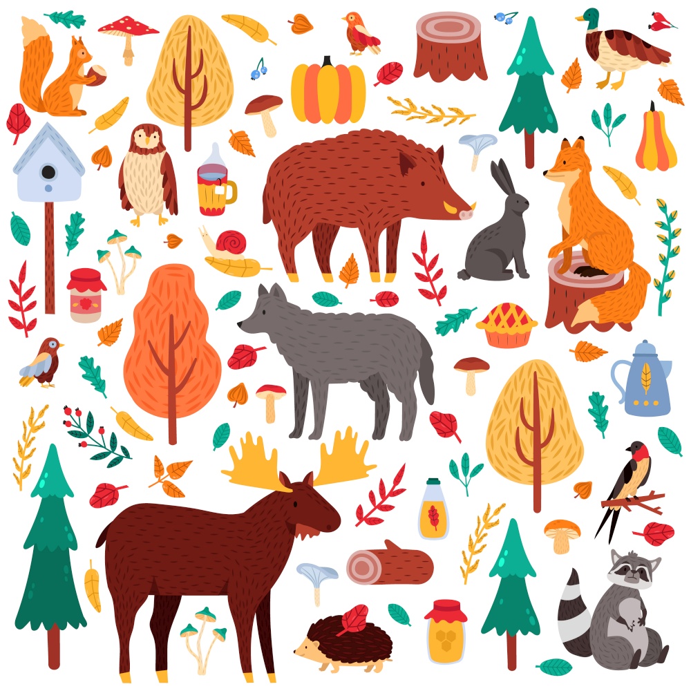 Cartoon autumn animals. Cute woodland birds and animals, moose duck wolf and squirrel, wild woods fauna isolated vector illustration icons set. Raccoon and hog, rabbit, tree woodland, bird and bear. Cartoon autumn animals. Cute woodland birds and animals, moose duck wolf and squirrel, wild woods fauna isolated vector illustration icons set