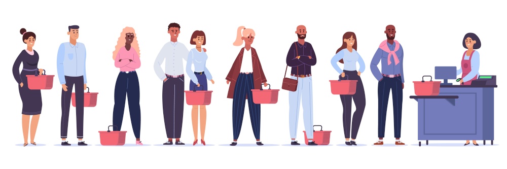 Grocery queue. Shopping characters in store line, crowd waiting for buy in line, grocery shop cashier queue vector illustration. Character in store service counter, line people customer. Grocery queue. Shopping characters in store line, crowd waiting for buy in line, grocery shop cashier queue vector illustration