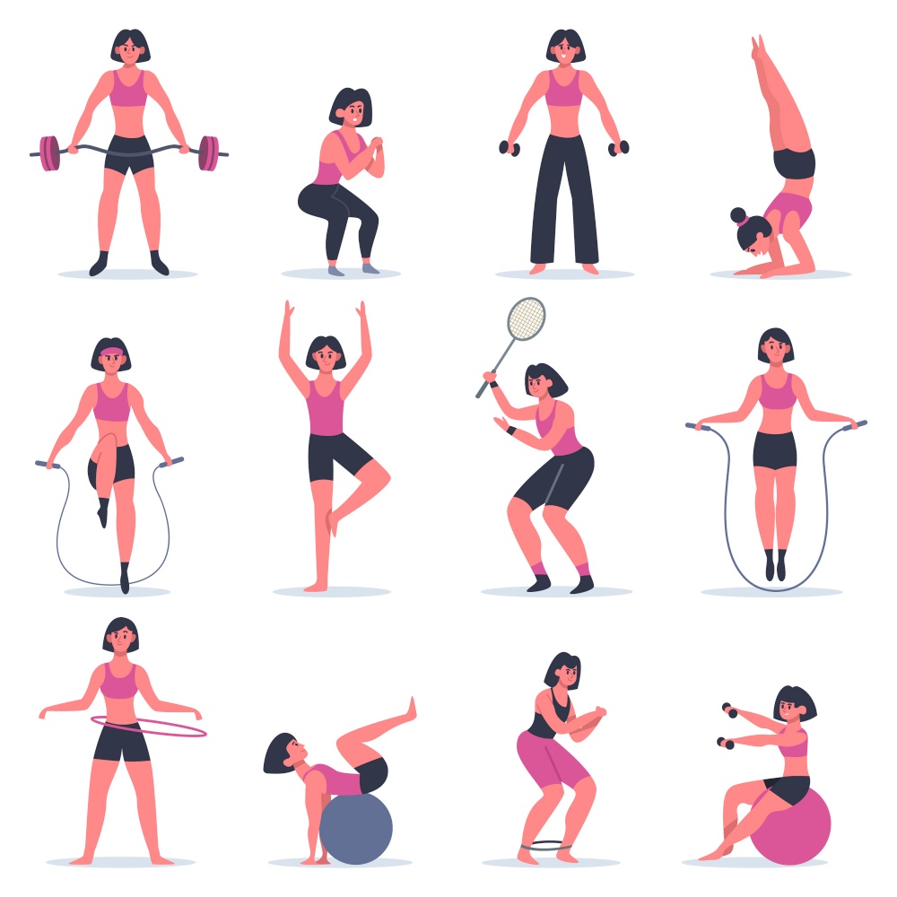 Girl exercising. Young woman fitness exercising, squats, practice yoga and tennis, girl at sport gym or training at home vector illustration set. Exercise fitness young people girls collection. Girl exercising. Young woman fitness exercising, squats, practice yoga and tennis, girl at sport gym or training at home vector illustration set