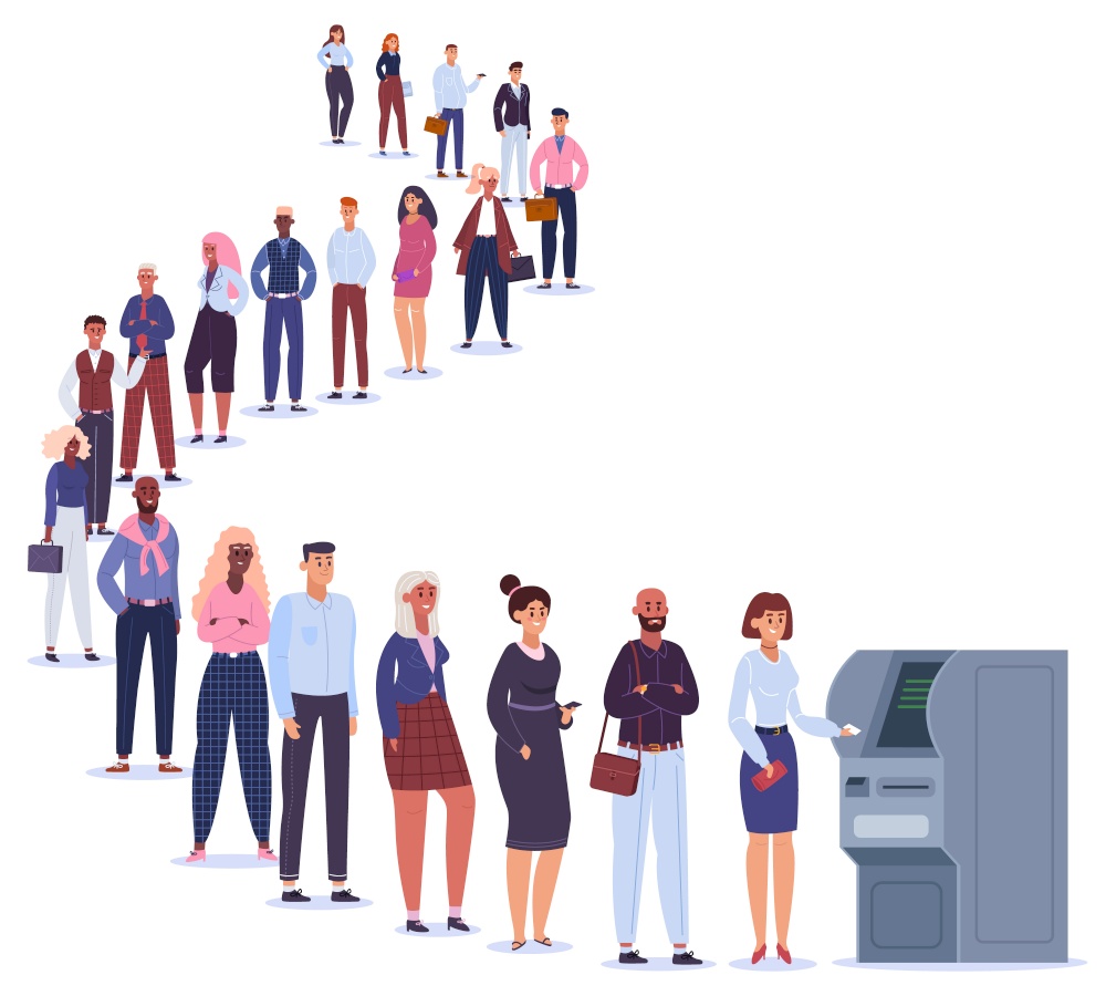 People in ATM line. Male and female characters in queue wait for terminal transaction, banking payment line to ATM machine vector illustration. Curve line to atm, banking payment near terminal machine. People in ATM line. Male and female characters in queue wait for terminal transaction, banking payment line to ATM machine vector illustration