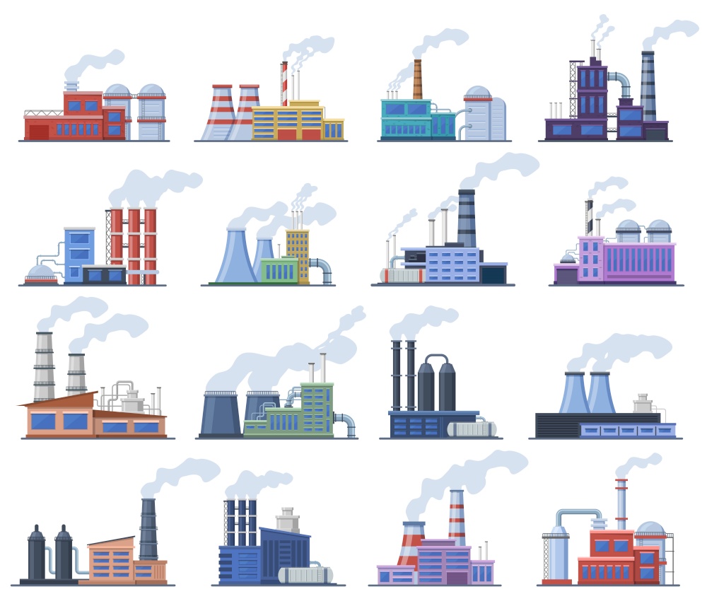Industrial factory. Manufacturing building, chimney pipe factory, warehouse, power station, factory architecture exterior vector illustration set. Power electricity isolated plants on white. Industrial factory. Manufacturing building, chimney pipe factory, warehouse, power station, factory architecture exterior vector illustration set