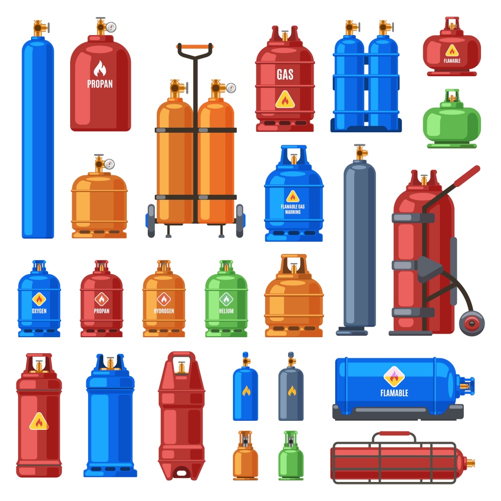 Gas cylinders. Propane, oxygen and butane metal containers, cylindrical helium tank, fuel storage gas bottle vector illustration icons set. Compressed gases with high pressure in equipment. Gas cylinders. Propane, oxygen and butane metal containers, cylindrical helium tank, fuel storage gas bottle vector illustration icons set