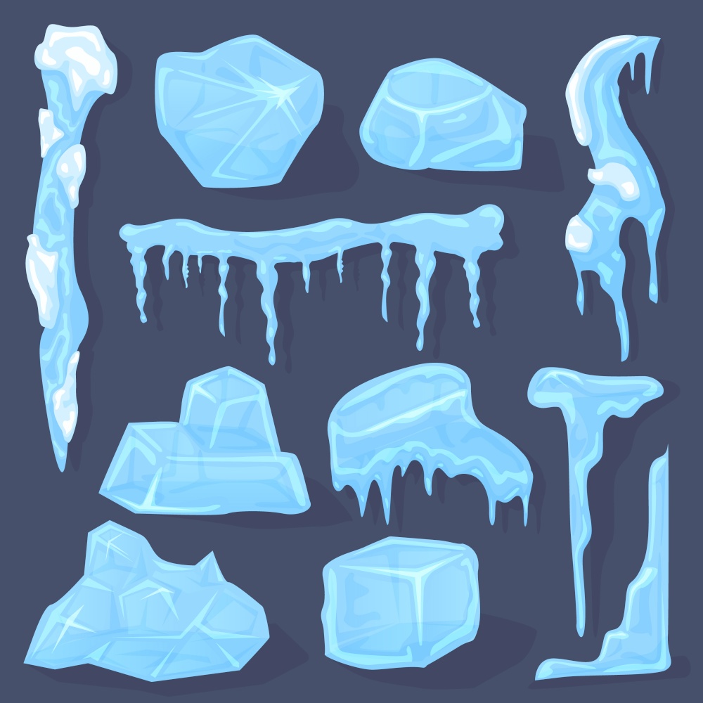 Winter icicles. Snow ice cap, frosted crystal cube white icicles sign, ice caps, piece and crystal block isolated vector illustration symbols set. Cold frozen water elements for decor. Winter icicles. Snow ice cap, frosted crystal cube white icicles sign, ice caps, piece and crystal block isolated vector illustration symbols set