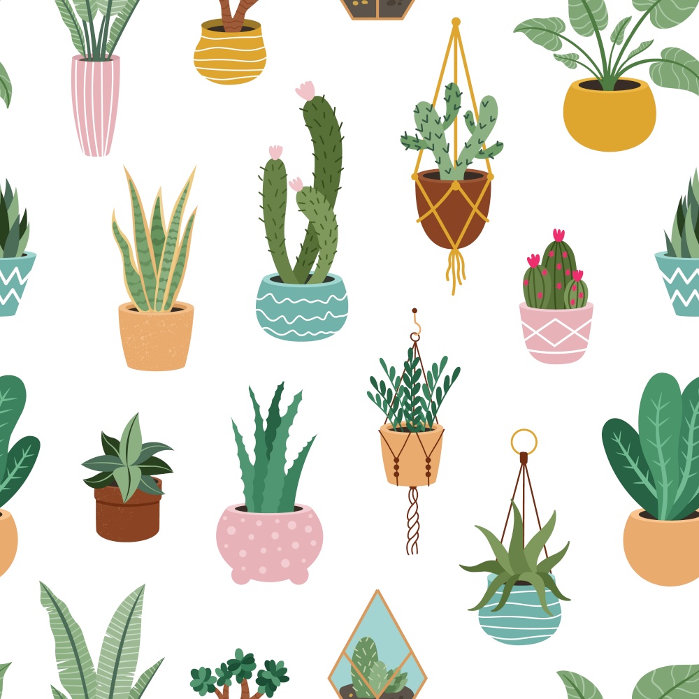 Home plants pattern. Seamless flower potted plant, decorative botanical indoor houseplant, home potted plants vector background illustration. Blooming cactus, succulent hanging on rope. Home plants pattern. Seamless flower potted plant, decorative botanical indoor houseplant, home potted plants vector background illustration