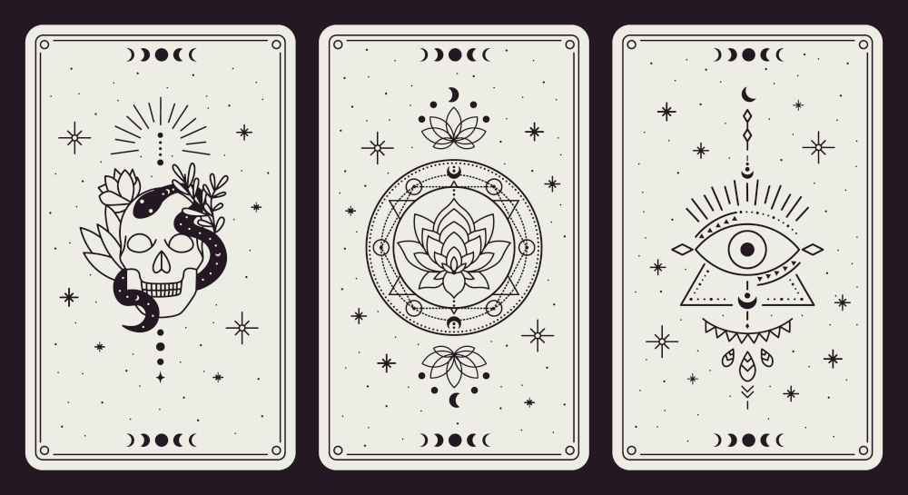 Magic occult cards. Vintage hand drawn mystic tarot cards, skull, lotus and evil eye magical symbols, magic occult cards vector illustration set. Esoteric, astrological elements for prediction. Magic occult cards. Vintage hand drawn mystic tarot cards, skull, lotus and evil eye magical symbols, magic occult cards vector illustration set