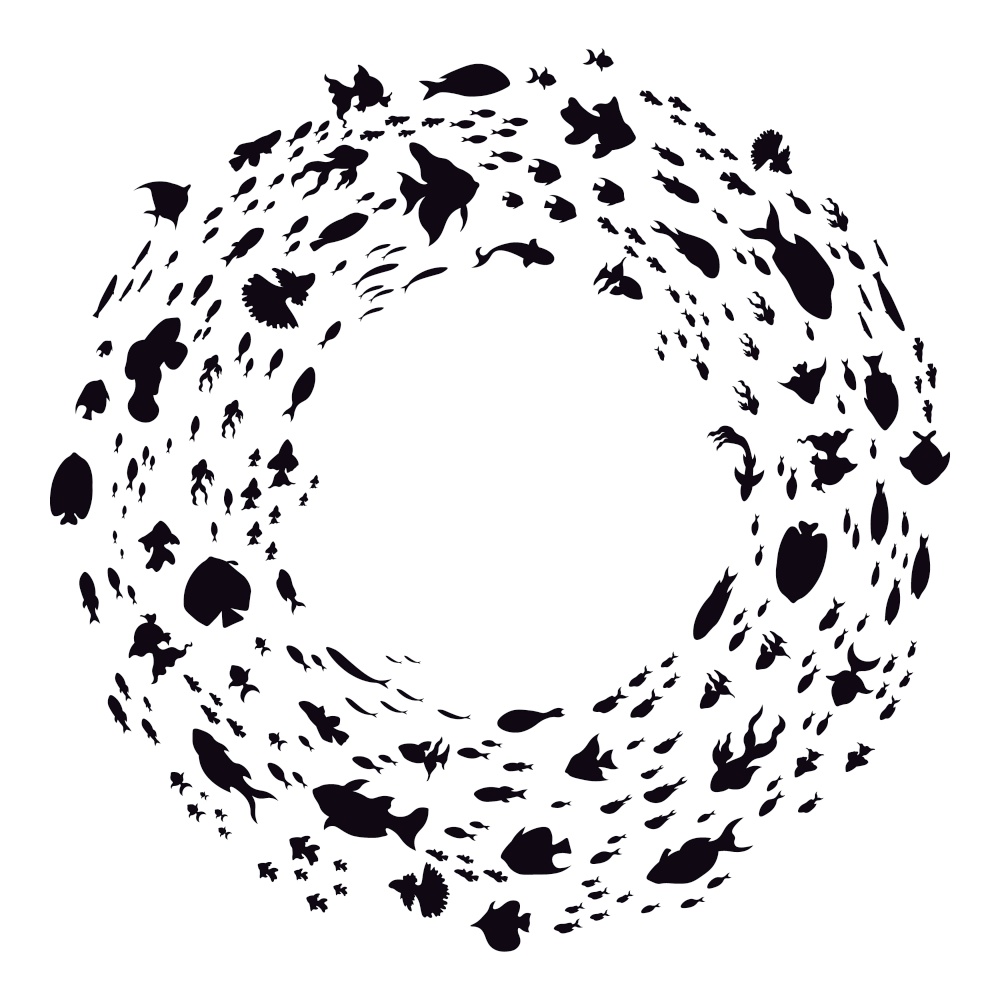 School of fish silhouettes. Sea round fishes colony, ocean fish schools, cute little fishes swim in circle isolated vector illustration. Aqua ecosystem, deep underwater life for logo. School of fish silhouettes. Sea round fishes colony, ocean fish schools, cute little fishes swim in circle isolated vector illustration
