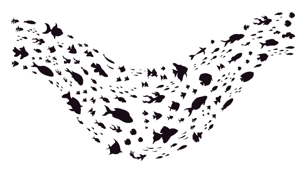 Underwater fish schools. Groups of sea fishes, fish schools shoal wave, swimming little fishes silhouettes, fish colony vector illustration. Black small characters on white, marine life. Underwater fish schools. Groups of sea fishes, fish schools shoal wave, swimming little fishes silhouettes, fish colony vector illustration