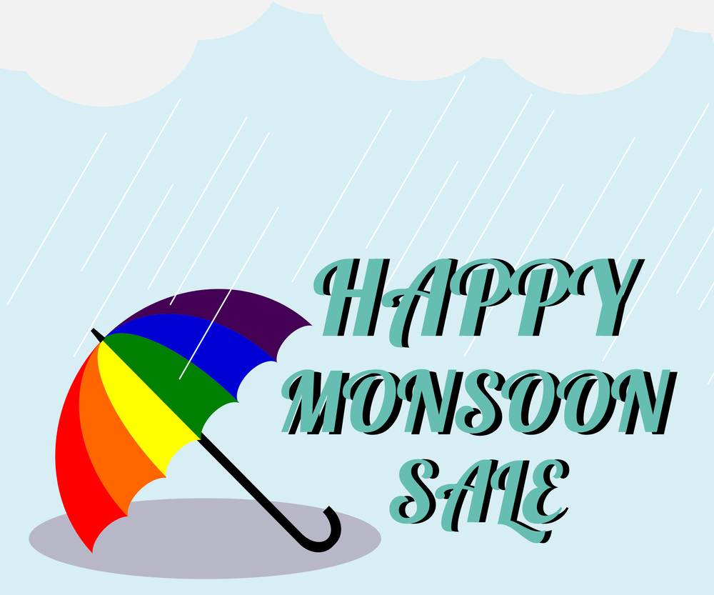 Monsoon sale. Vector illustration of colorful umbrella in  rainy season. There are word &rsquo;Happy Monsoon Sale&rsquo;, use for web banner, poster or flyer. Picture with copy space for marketing and advertising