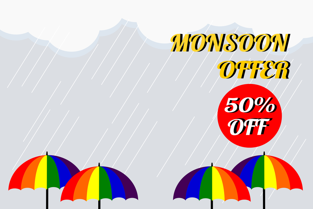Vector illustration of colorful umbrella in rainy season. There are word &rsquo;Monsoon offer 50% off&rsquo;, use for web banner, poster or flyer. Picture with copy space for marketing and advertising