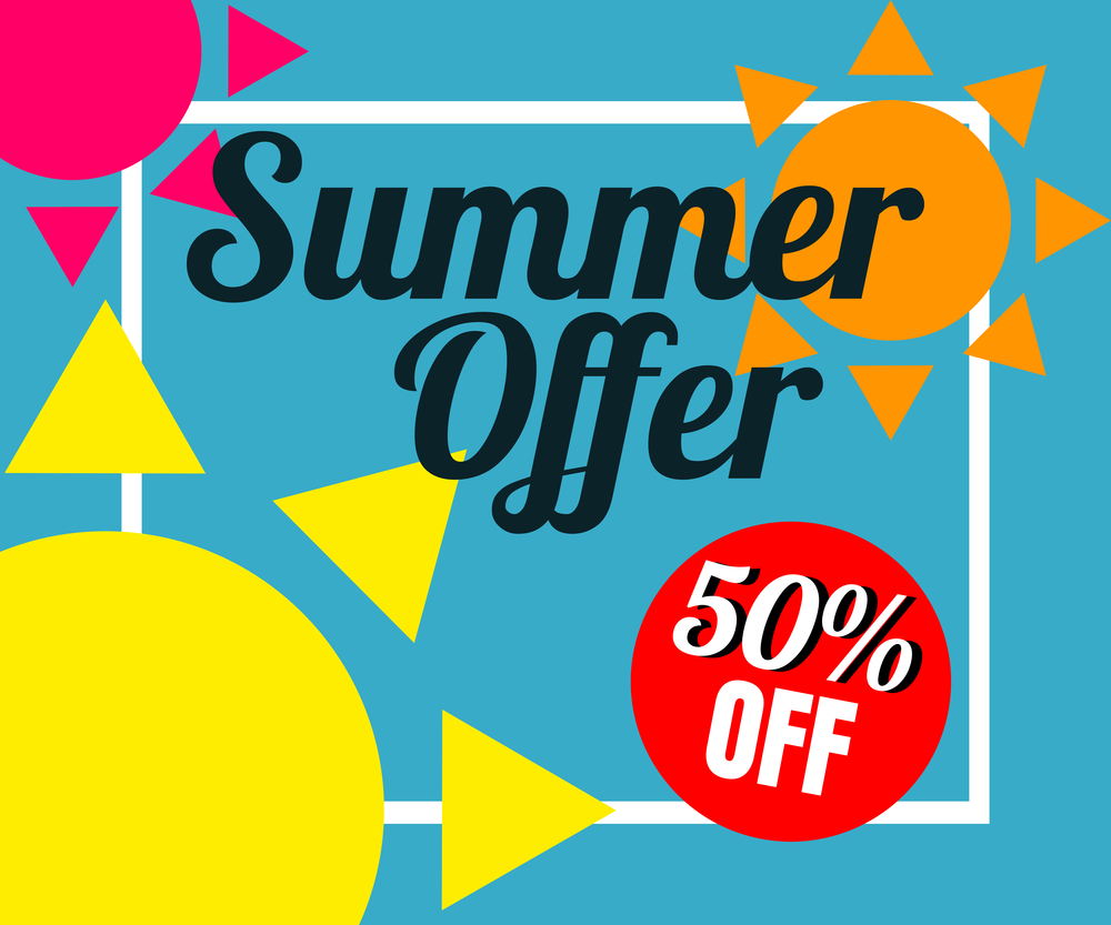 Vector of colorful sun in colorful background. There are word &rsquo;Summer offer 50% off&rsquo;, use for web banner, poster or flyer. Picture with copy space for marketing and advertising. Summer concept.