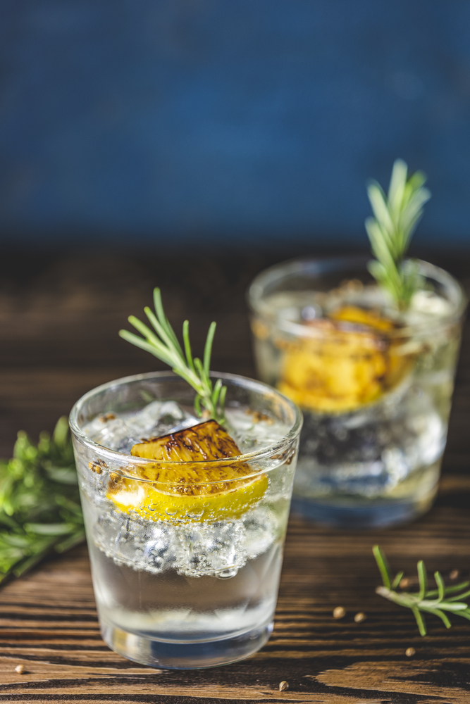Charred Lemon, Rosemary and Coriander Gin and Tonic is a flavors are perfectly balanced refreshing cocktail. on dark background, close up. Summer drinks and alcoholic or detox cocktail