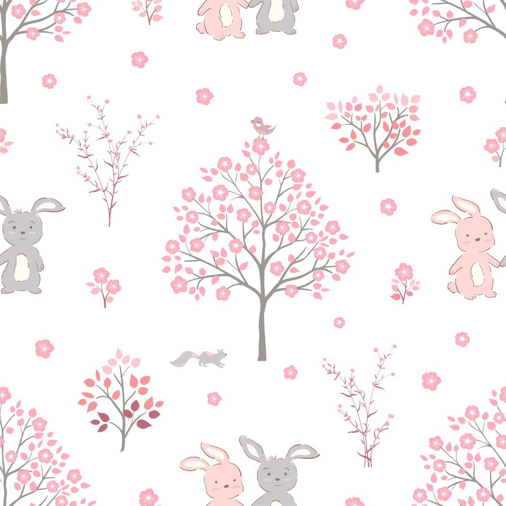 Sweet pink flowers blossom on springtime with cute rabbits,seamless pattern for decorative,kid product,fashion,fabric,wallpaper and all print