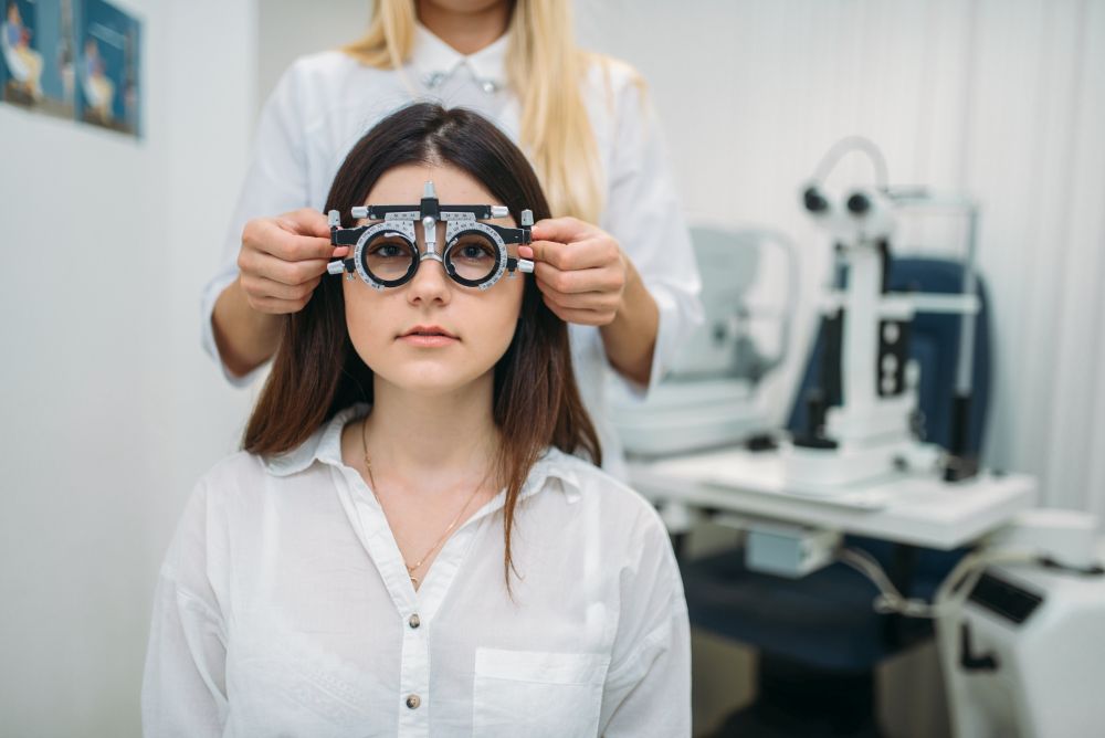 Eyesight test in optician cabinet, diagnostic of vision, professional choice of glasses. Patient and ophthalmologist, eye care consultation with specialist. Eyesight test, optician cabinet, vision diagnostic