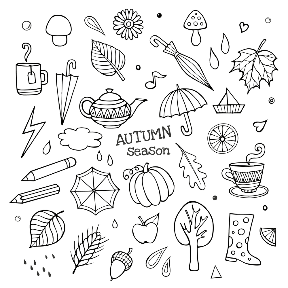 Vector set of different hand drawn autumn elements. Vector illustration. Vector set of different hand drawn autumn elements