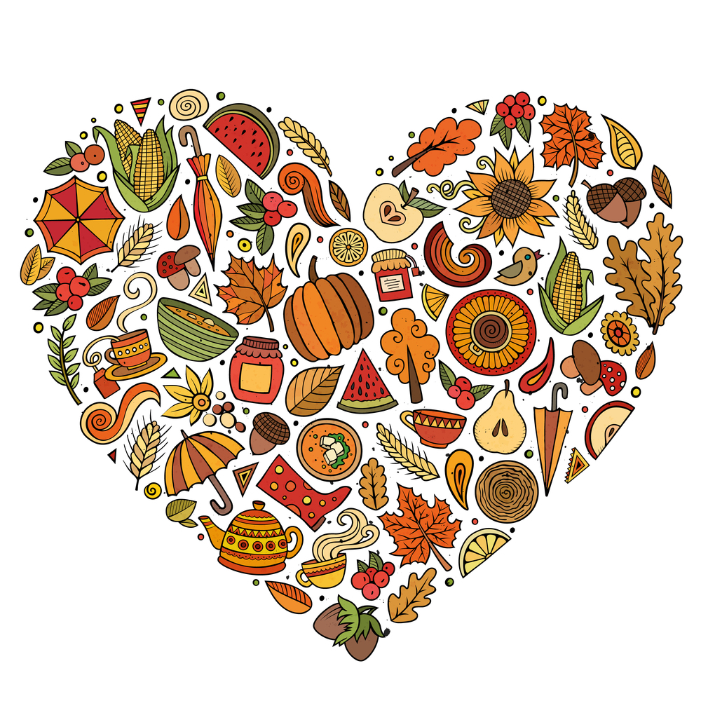 Colorful vector hand drawn doodle cartoon set of Autumn objects, symbols and items. Heart composition. Vector doodle cartoon set of Autumn objects