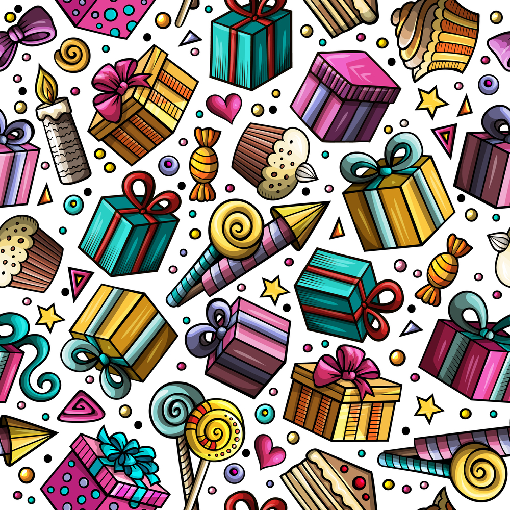 Cartoon hand-drawn doodles on the subject holidays, birthday theme seamless pattern. Colorful detailed, with lots of objects vector background. Cartoon hand-drawn doodles birthday theme seamless pattern