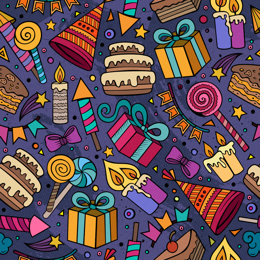 Cartoon hand-drawn doodles on the subject holidays, birthday theme seamless pattern. Colorful detailed, with lots of objects vector background. Cartoon hand-drawn doodles on the subject holidays, birthday the