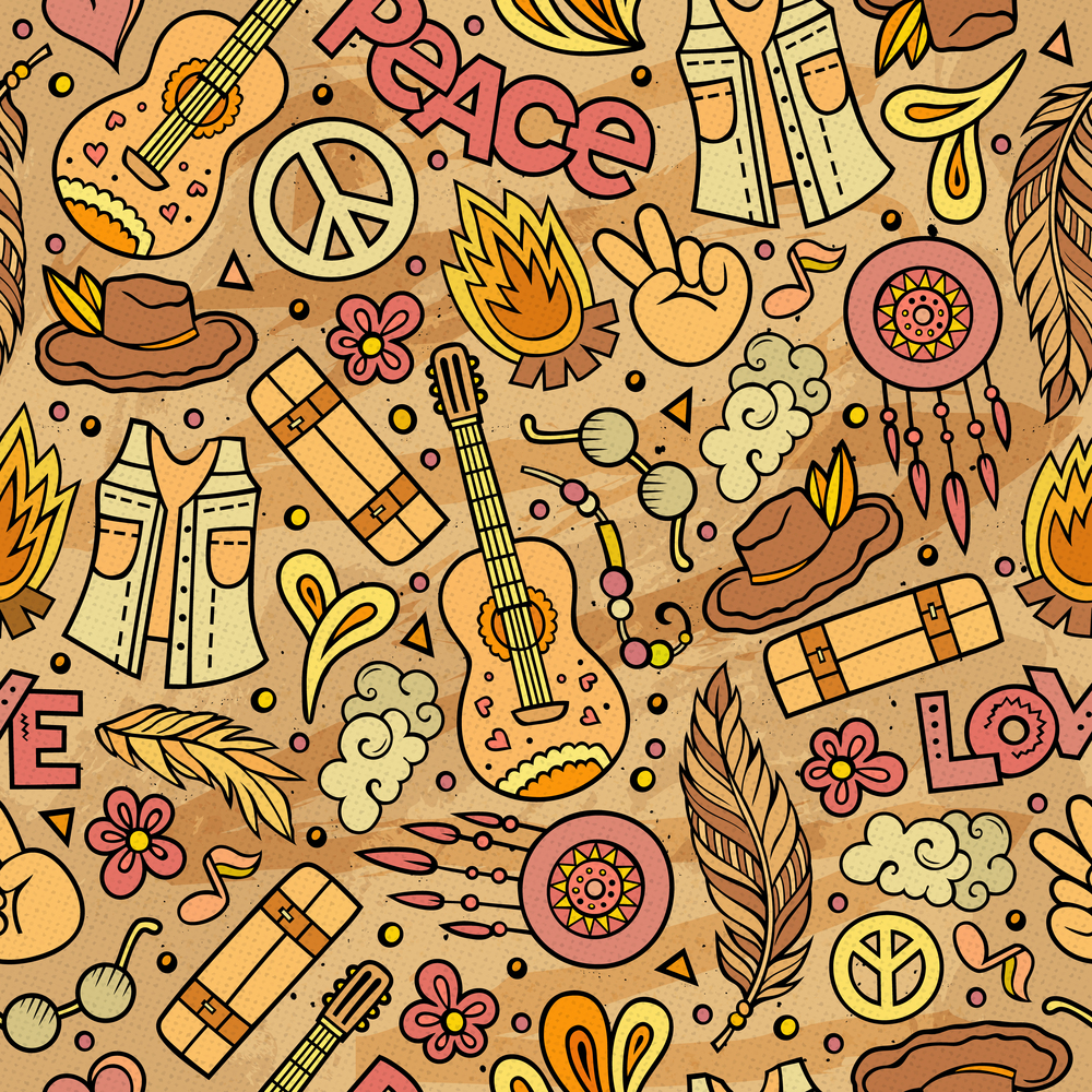 Cartoon cute hand drawn Hippie seamless pattern. Colorful detailed, with lots of objects background. Endless funny vector illustration. Cartoon cute hand drawn Hippie seamless pattern