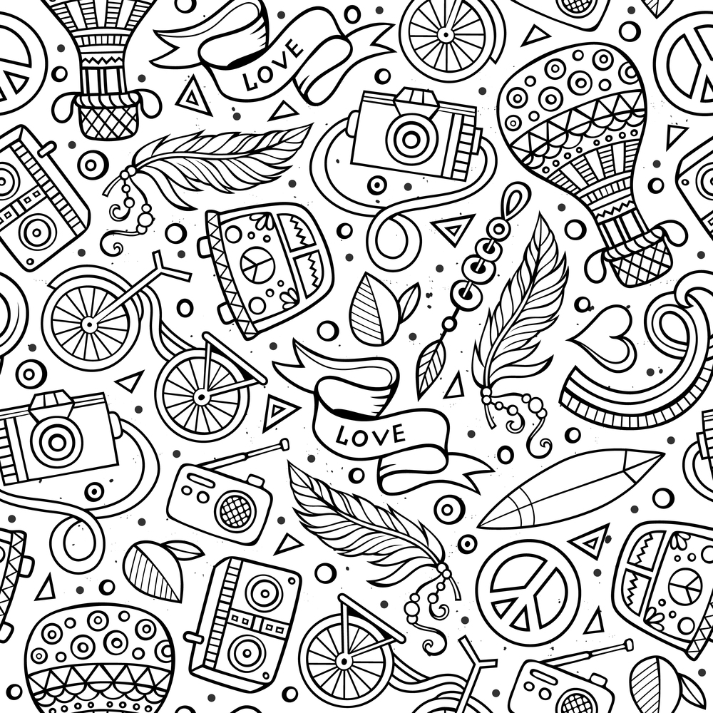 Cartoon hand-drawn hippie doodles seamless pattern. Line art detailed, with lots of objects vector background. Cartoon vector hippie seamless pattern