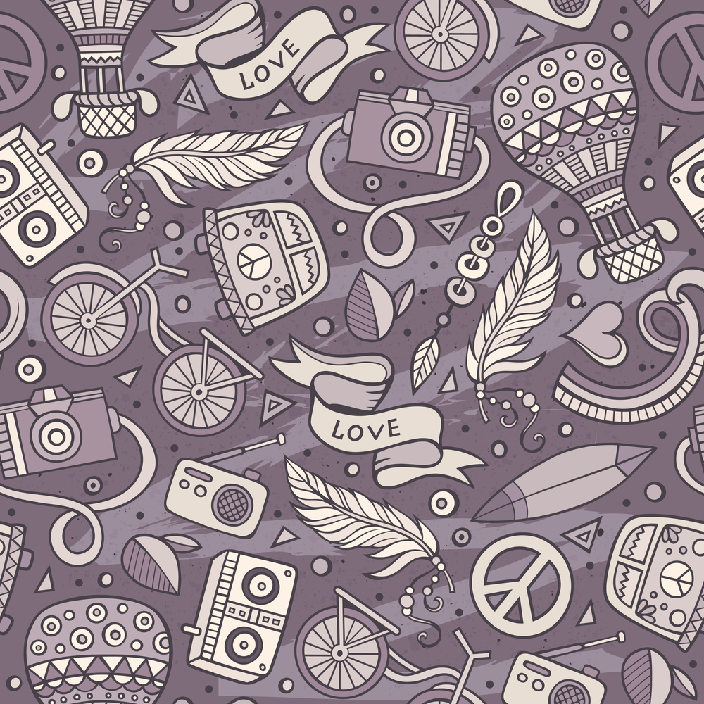 Cartoon hand-drawn hippie doodles seamless pattern. Toned detailed, with lots of objects vector background. Cartoon vector hippie seamless pattern
