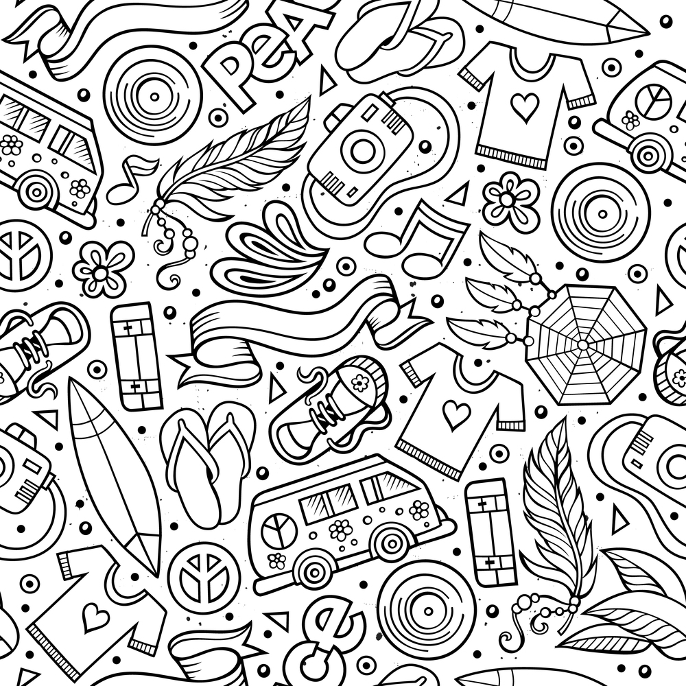 Cartoon hand-drawn hippie doodles seamless pattern. Line art detailed, with lots of objects vector background. Cartoon vector hippie seamless pattern