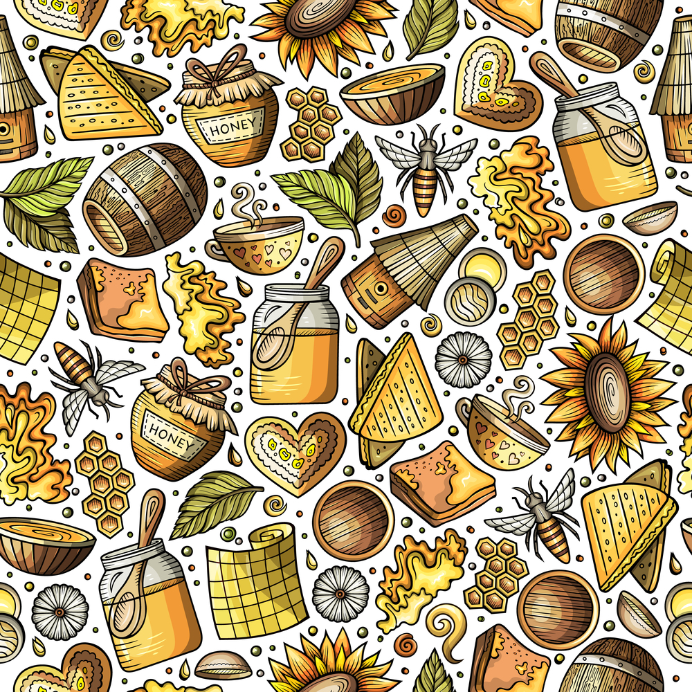 Cartoon cute hand drawn Honey seamless pattern. Colorful detailed, with lots of objects background. Endless funny vector illustration. Bright colors backdrop. Cartoon cute Honey seamless pattern
