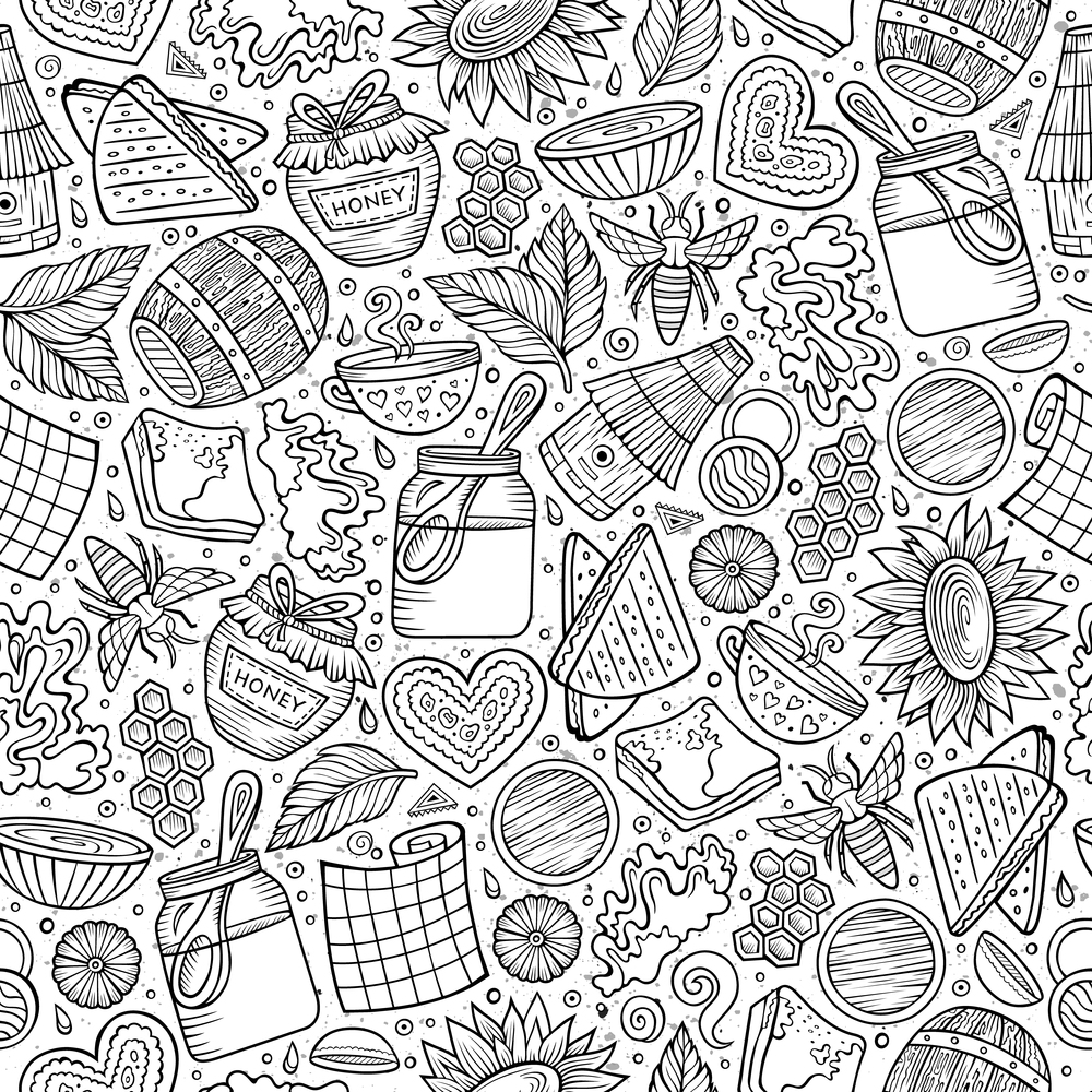 Cartoon cute hand drawn Honey seamless pattern. Line art detailed, with lots of objects background. Endless funny vector illustration. Contour backdrop. Cartoon cute Honey seamless pattern