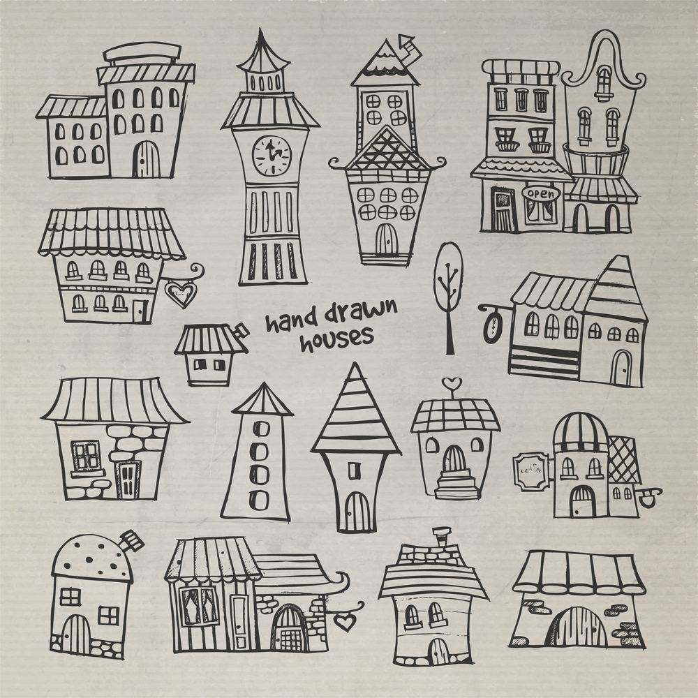 Cartoon drawing vector fairy tale houses set. fairy tale houses set