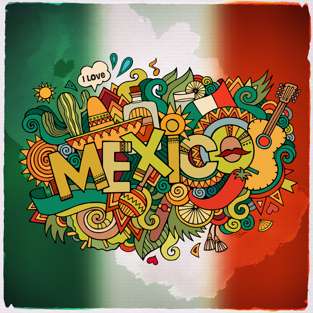 Mexico country hand lettering and doodles elements and symbols emblem. Vector blurred flag background. Mexico country hand lettering and doodles elements