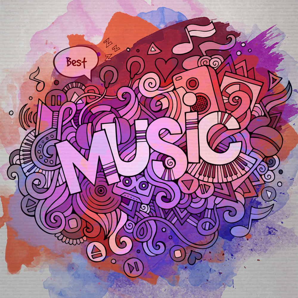 Music hand lettering and doodles elements and symbols emblem. Vector watercolor stains background. Music hand lettering and doodles elements