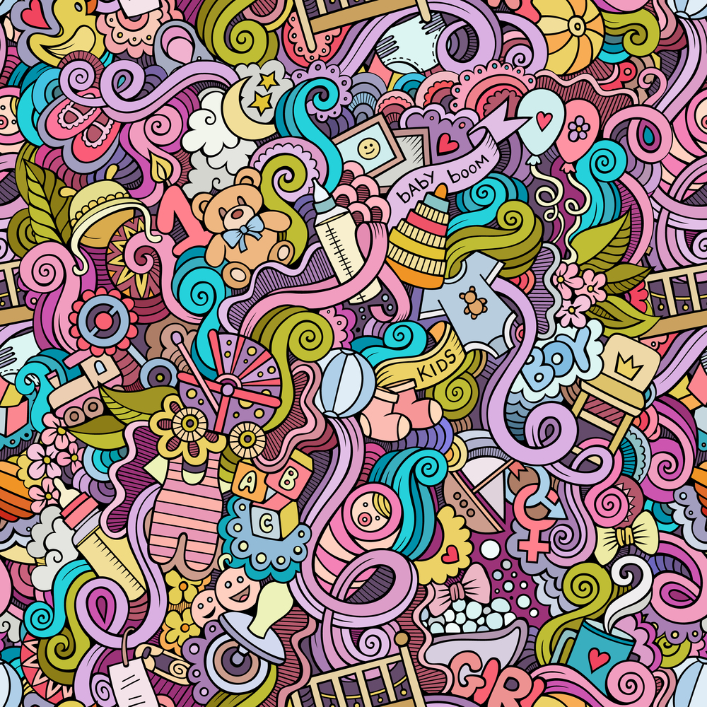 Cartoon vector hand-drawn Doodles on the subject of baby seamless pattern. Colorful background. Cartoon vector doodle children seamless pattern