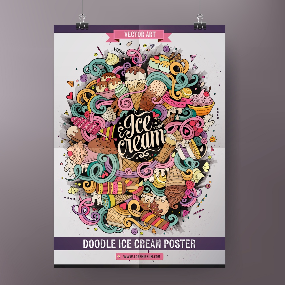 Template poster design with the ice cream doodles hand drawn illustration.. Cartoon line art vector doodles ice cream poster