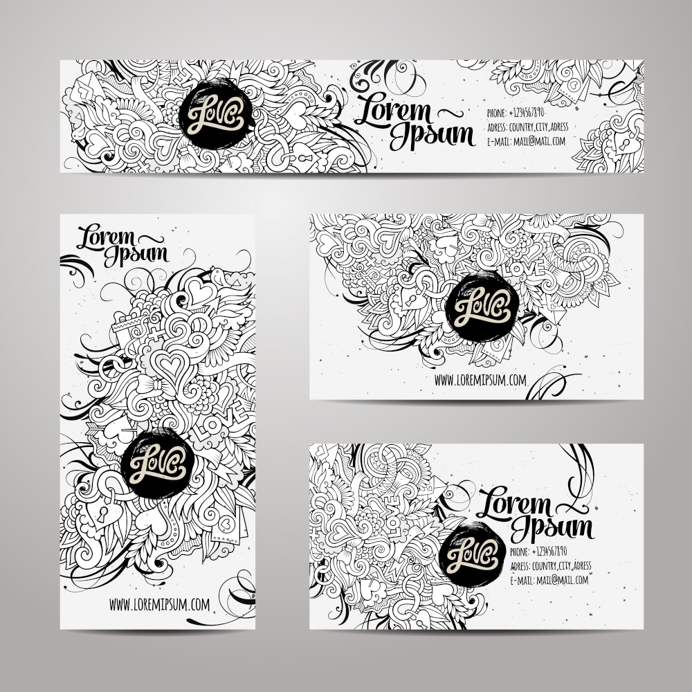 Corporate Identity vector templates set with doodles love theme