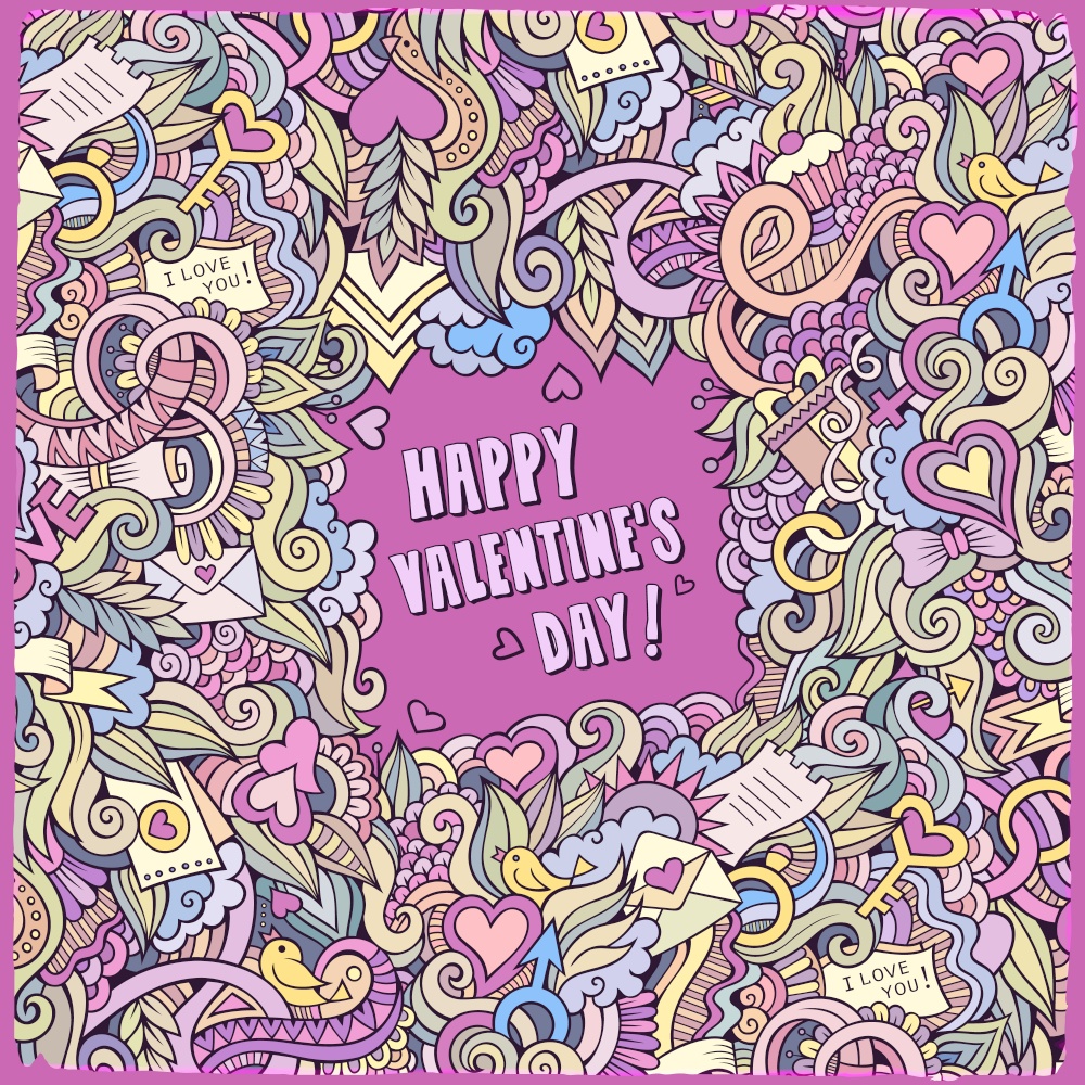 Cartoon vector doodles hand drawn Valentines Day frame background