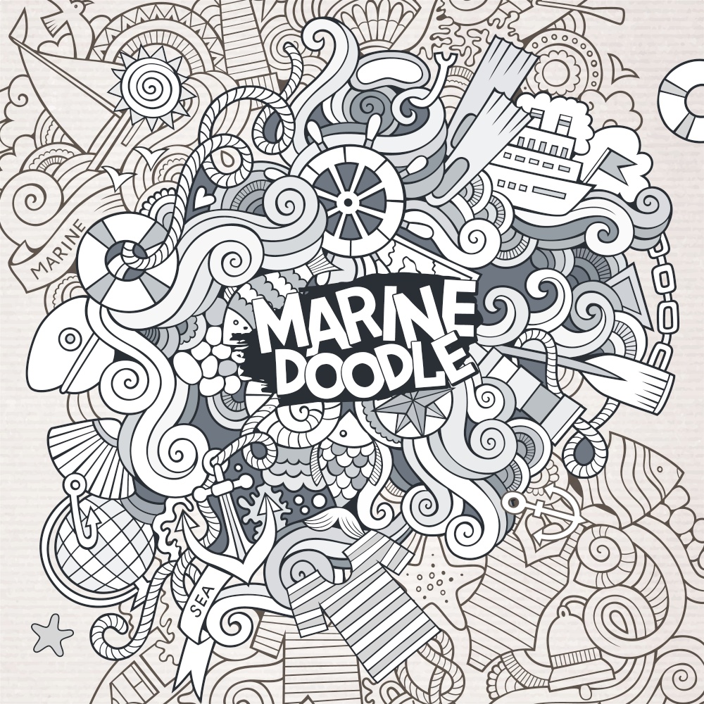 Doodles abstract decorative marine nautical vector line art background. Doodles abstract decorative marine nautical vector