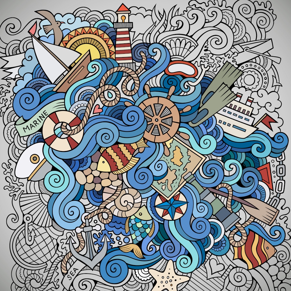 Doodles abstract decorative marine nautical vector background. Doodles marine nautical vector background