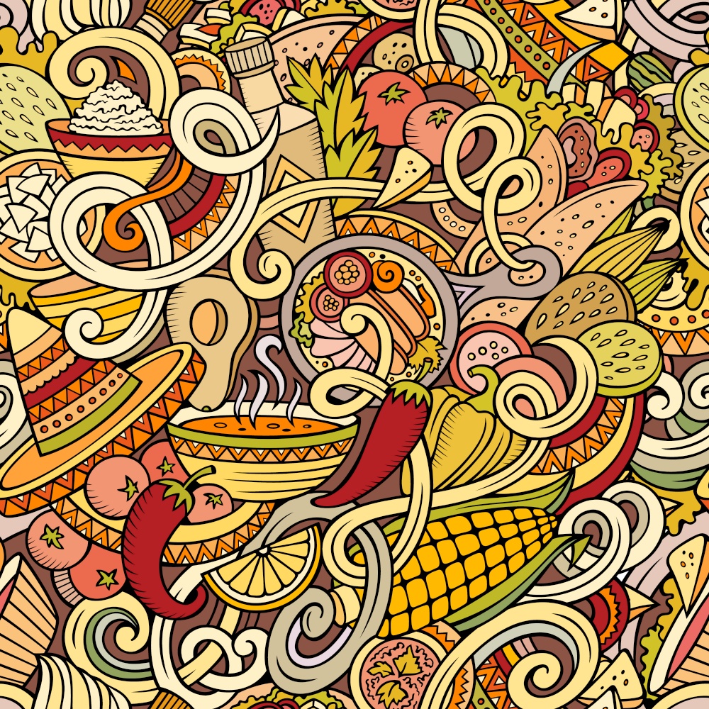 Cartoon hand-drawn mexican food doodles seamless pattern. Detailed, with lots of objects vector background. Cartoon mexican food doodles seamless pattern