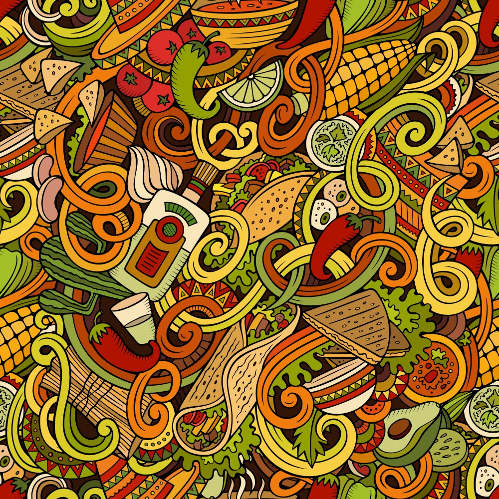 Cartoon hand-drawn mexican food doodles seamless pattern. Detailed, with lots of objects vector background. Cartoon mexican food doodles seamless pattern