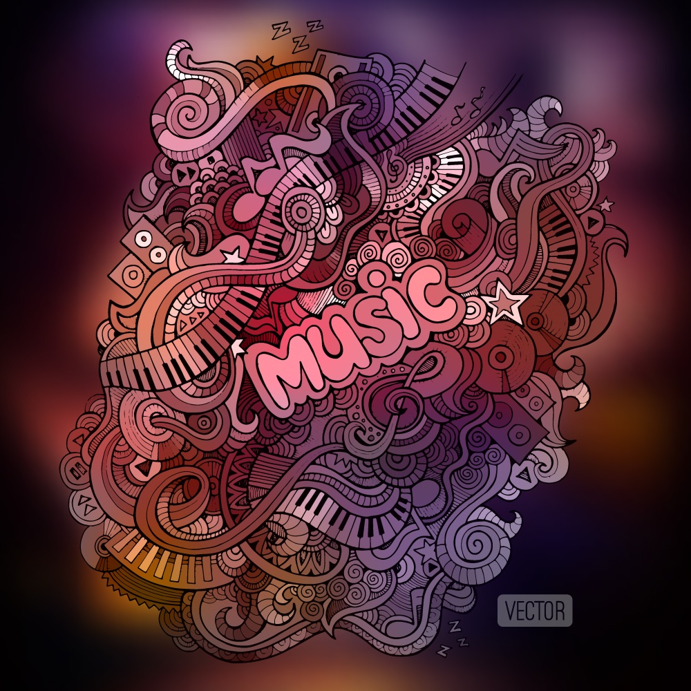 Vector hand drawn doodles musical art paint background. Vector doodles musical art paint background