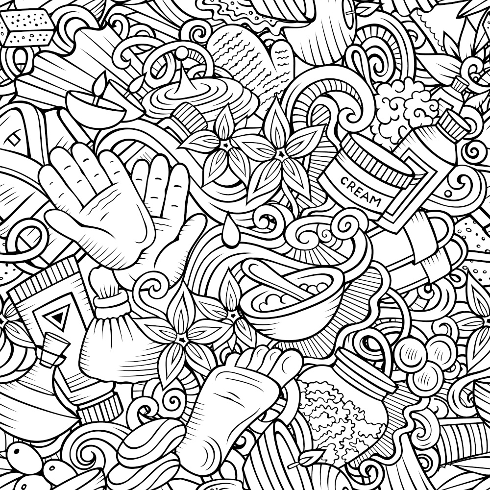 Massage hand drawn doodles seamless pattern. Spa therapy background. Cartoon relax fabric print design. Line art vector illustration. All objects are separate.. Massage hand drawn doodles seamless pattern. Spa therapy background