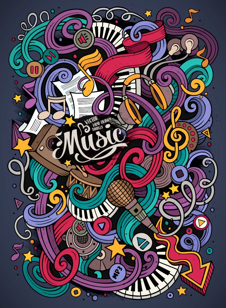 Cartoon hand-drawn doodles Musical illustration. Colorful detailed, with lots of objects vector background. Cartoon hand-drawn doodles Musical illustration