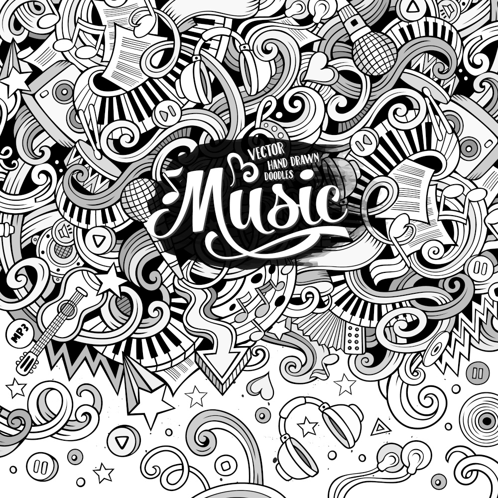 Cartoon hand-drawn doodles Musical illustration. Sketchy line art detailed, with lots of objects vector background. Cartoon hand-drawn doodles Musical illustration