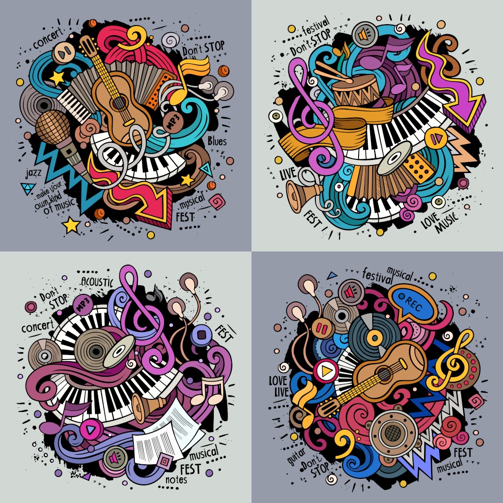 Music cartoon vector doodle illustration. Colorful detailed designs with lot of objects and symbols. 4 composition set. All elements separate. Music cartoon vector doodle illustration