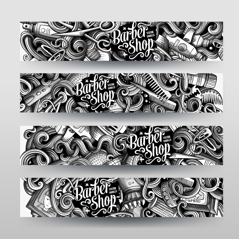 Cartoon graphics vector hand drawn doodles hairstyle corporate identity. 4 horizontal banners design. Templates set. Cartoon graphics vector hand drawn doodles hairstyle horizontal banners