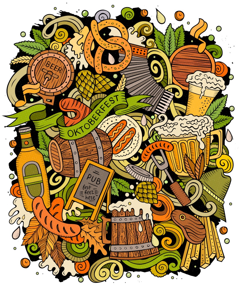 Cartoon vector doodles Beer fest illustration. Colorful, detailed, with lots of objects background. All objects separate. Bright colors Oktoberfest funny picture. Cartoon vector doodles Beer fest illustration. Oktoberfest funny picture