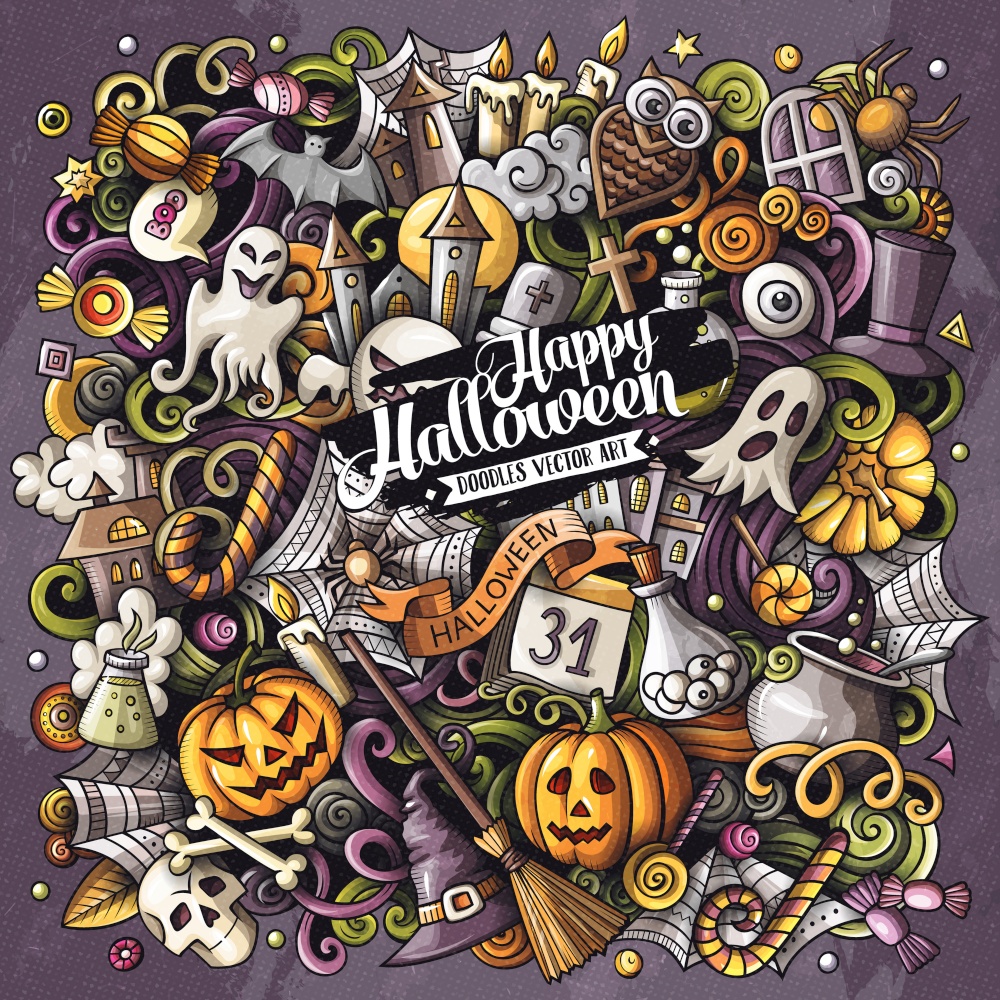 Cartoon vector doodles Happy Halloween illustration. Colorful, detailed, with lots of objects background. All objects separate. Bright colors funny picture. Cartoon vector doodles Happy Halloween illustration