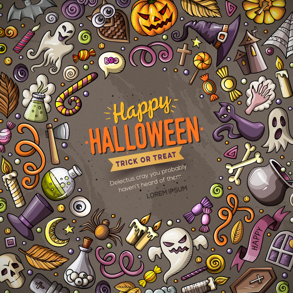 Cartoon vector doodles Happy Halloween frame card design. Colorful detailed, with lots of objects illustration. Bright colors holidays funny border. Cartoon vector doodles Happy Halloween frame card design