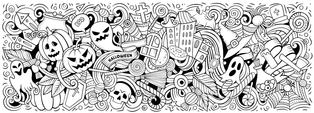 Happy Halloween hand drawn cartoon doodles illustration. Holiday funny objects and elements design. Creative art background. Sketchy vector banner. Happy Halloween hand drawn cartoon doodles illustration.