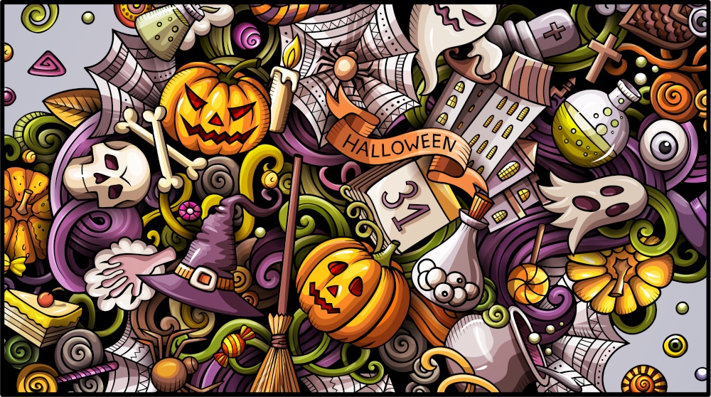 Happy Halloween day doodle banner design. Cartoon background. Celebration flyer template. Color vector holiday illustration. Happy Halloween day doodle illustration