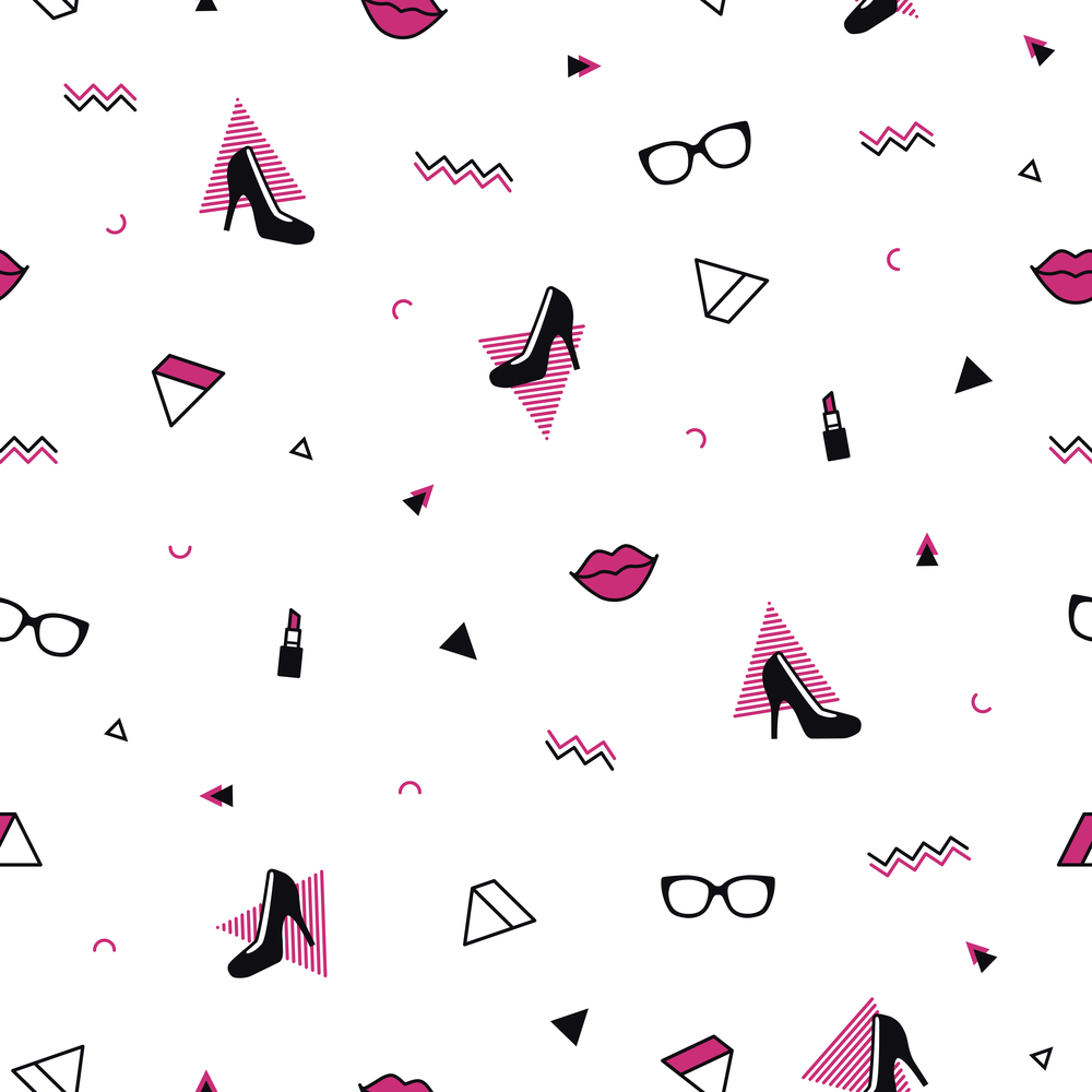 Memphis pattern with black high heel shoes, pink lips, sunglasses and geometric shapes. Fashion background in 90s 80s style. Triangle, zigzag and other graphic elements. Linear design. Memphis pattern with black high heel shoes, pink lips, sunglasses and geometric shapes. Fashion background in 90s 80s style. Triangle, zigzag and other graphic elements. Linear design.